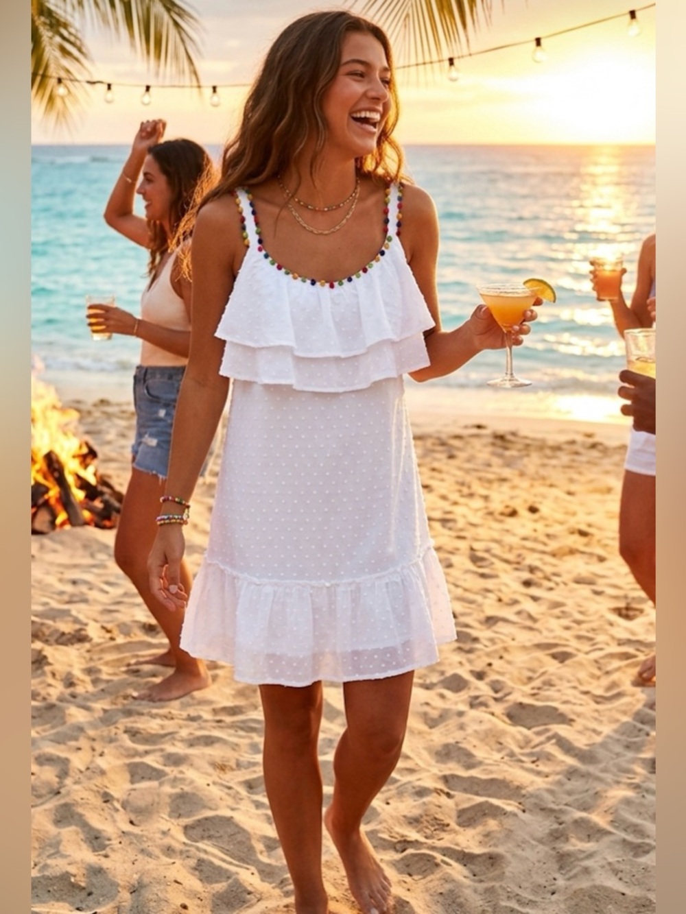 Honey Belle White Mini Ruffle Dress Color Pom Poms Size M c2